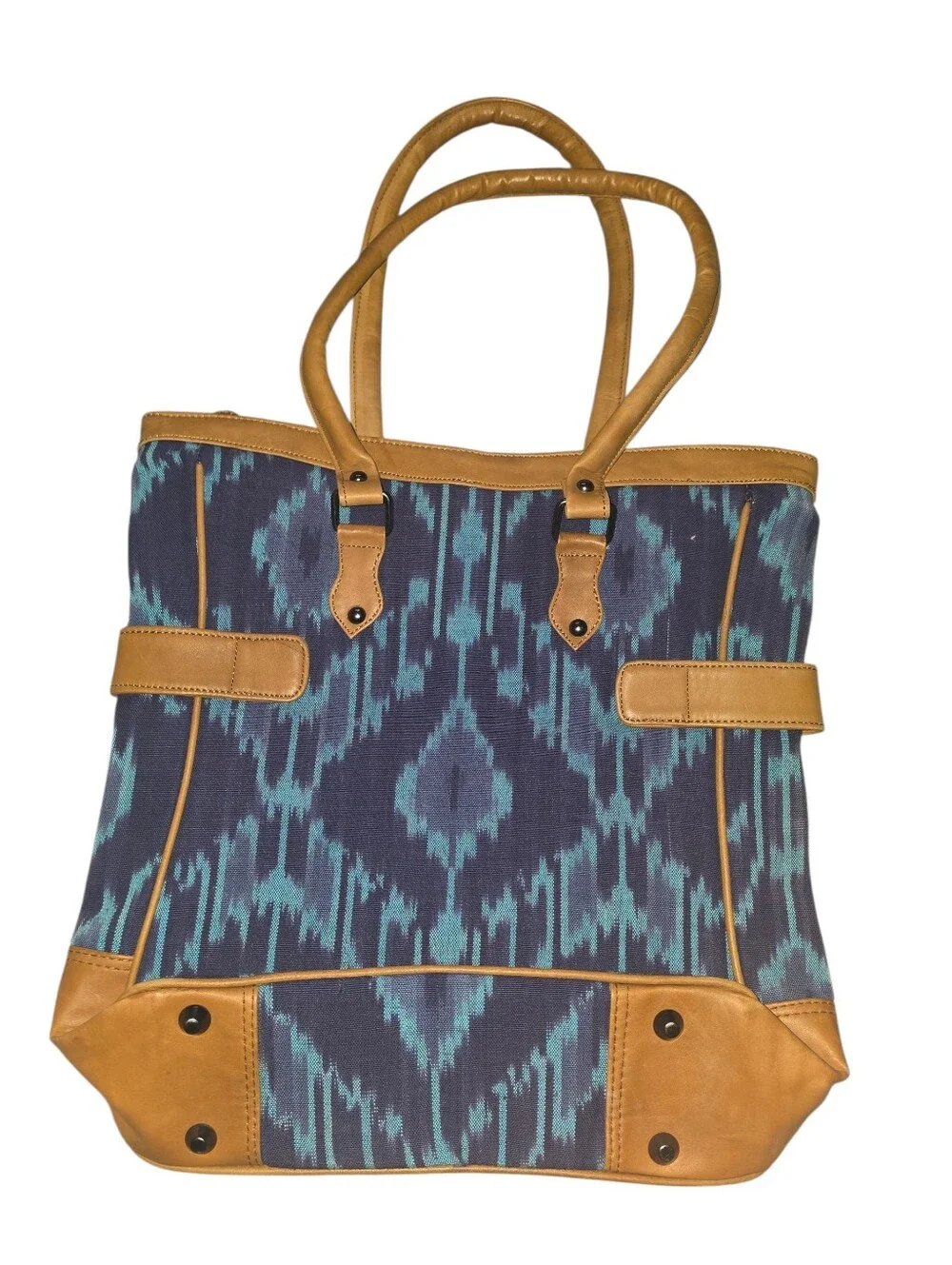 9/1/1. Le Papillon Teal Ikat Canvas Tote with Tan Leather Trim